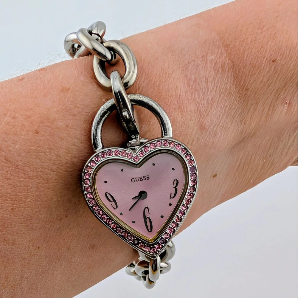 Guess Pink Heart Crystal Charm Watch Silver Tone Chain Bracelet Y2K 25mm 7